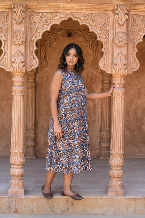 Bagru Anokhi Print Cotton Dress- Blue