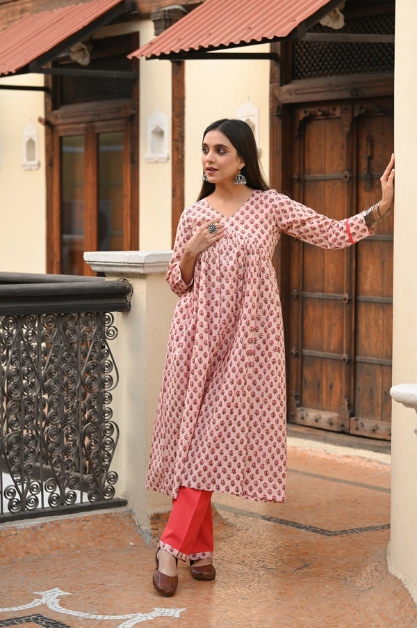 Sanganeri Cotton Kurta Set- Peach & Red