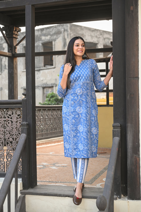 Sanganeri Cotton Kurta Set- Blue