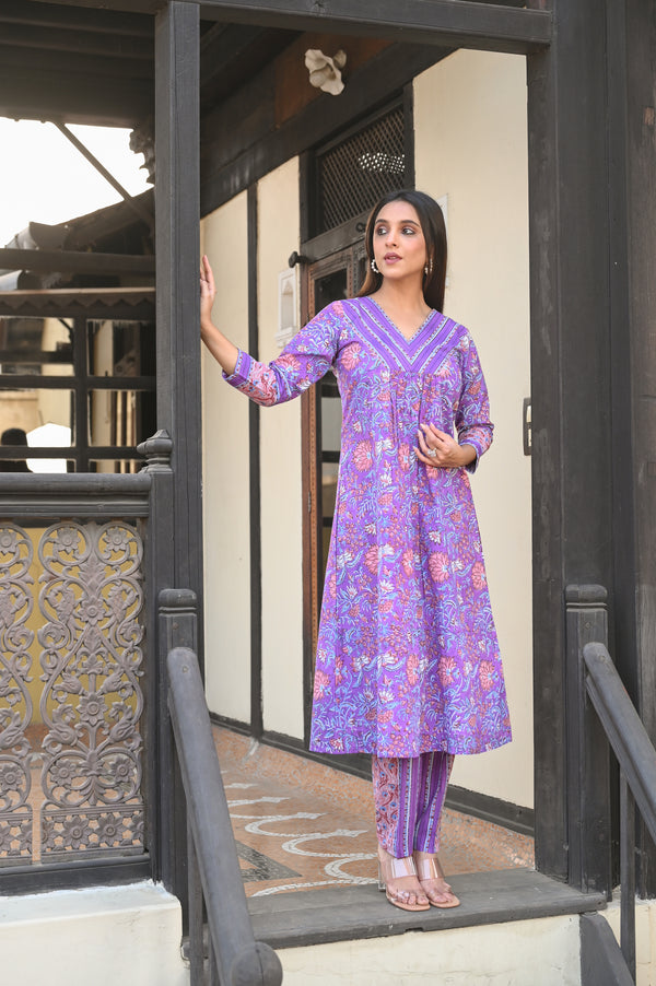 Sanganeri Cotton Kurta Set- Purple