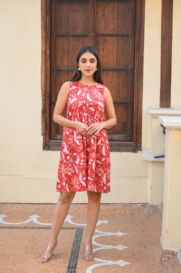 Sanganeri Cotton Dress With Open Back Tie Details- Red