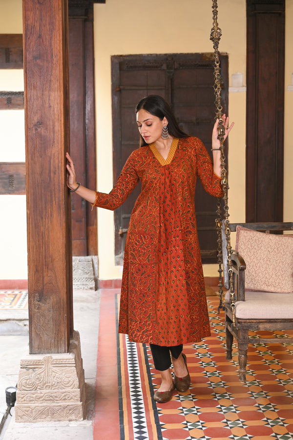 Vegetable Block Print Kurta- Rust