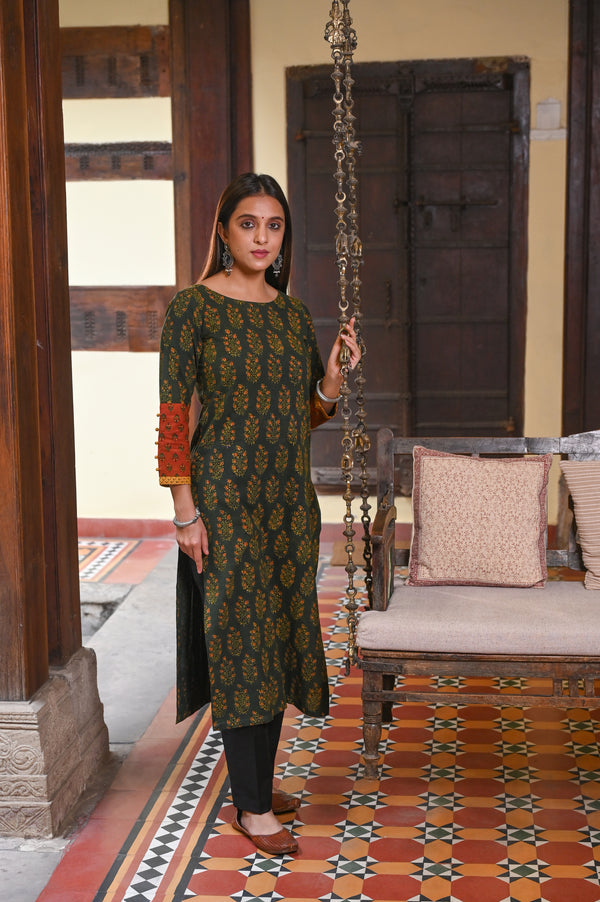 Vegetable Block Print Kurta- Green