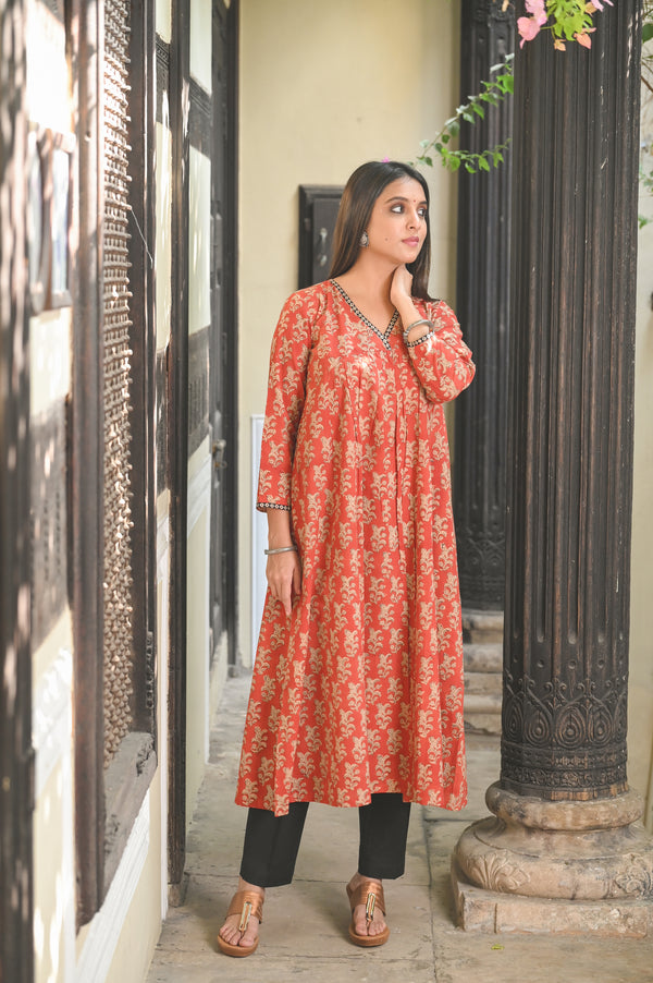 Bagru Anokhi Pleated Kurta-Rust