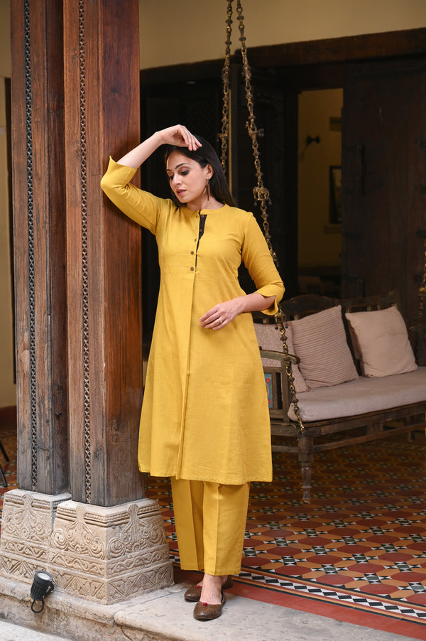 Slub Cotton Kurta Set Button Opening - Mustard