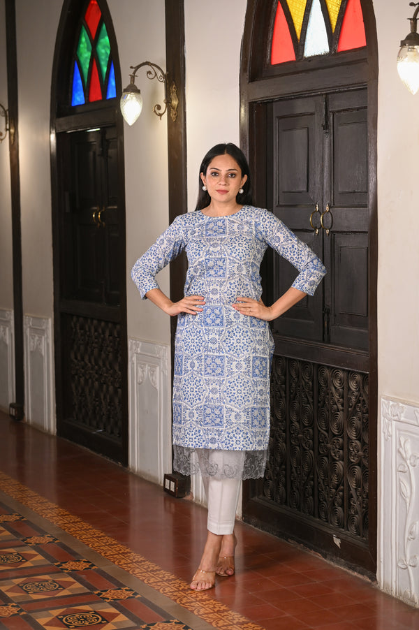 Sanganeri Cotton Kurta - White & Blue