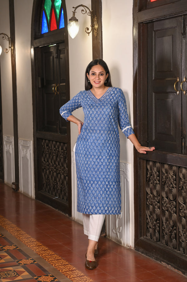 Sanganeri Cotton Kurta- Blue