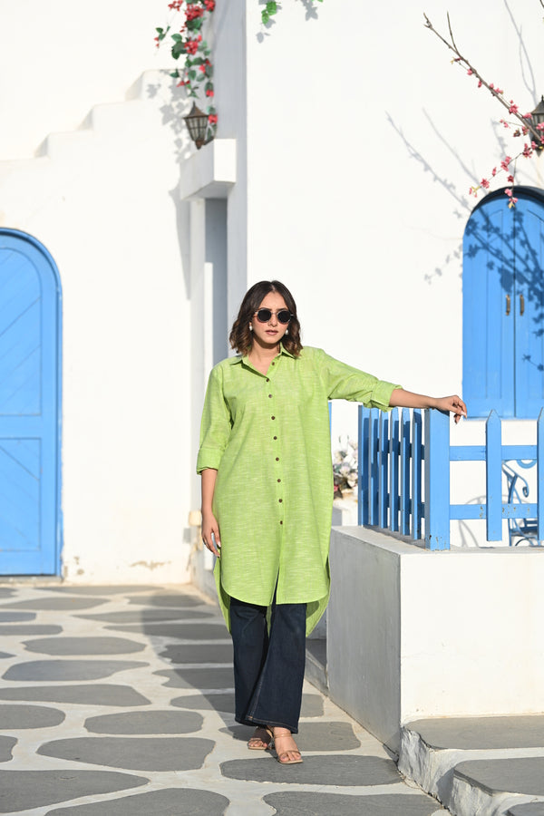 Relaxed Shirt Style Dress - Green