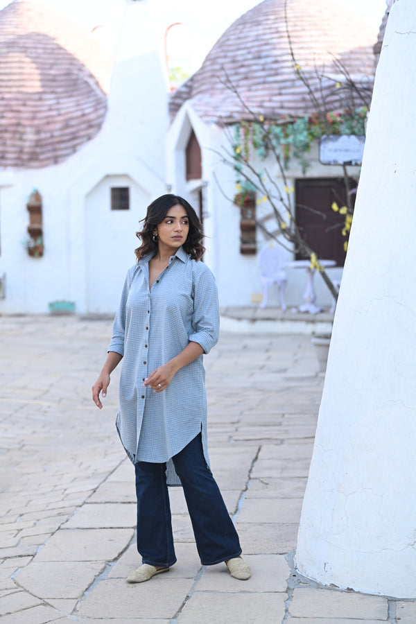 Relaxed Shirt Style Dress - Blue