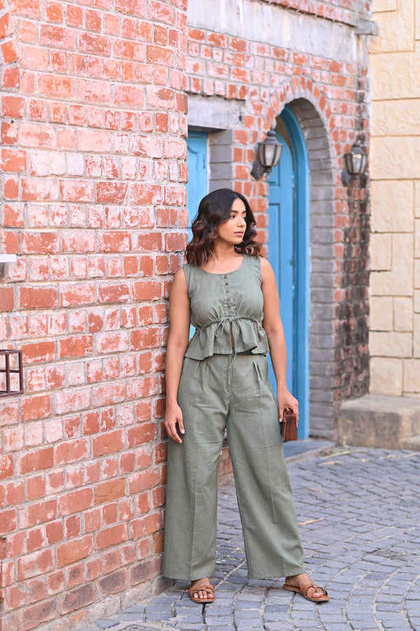 Peplum Solid Co-Ord Set- Green