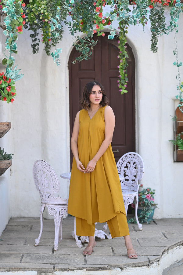 Reyon Slub Co-Ord Set- Mustard