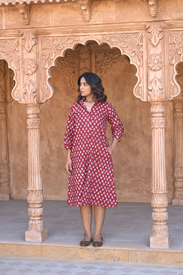 Sanganeri Shirt Dress- Red