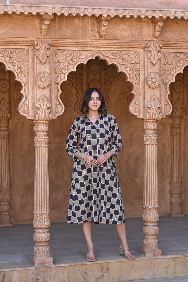 Kalamkari Shirt Dress- Purple & Cream