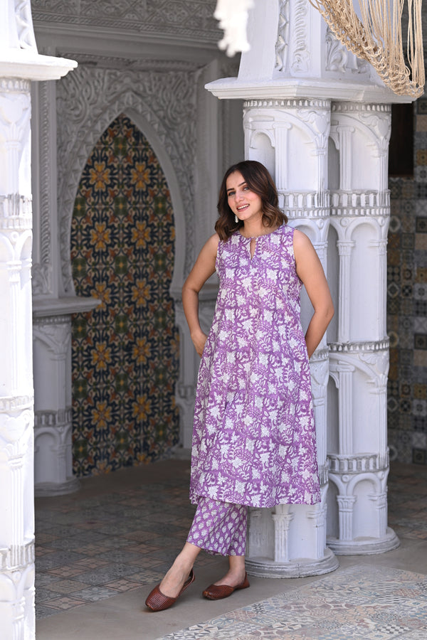 Sanganeri Kurta Set- Purple