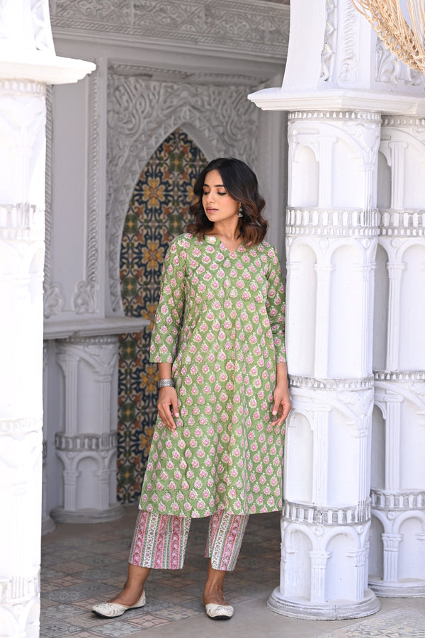 Sanganeri Kurta Set - Pink & Green