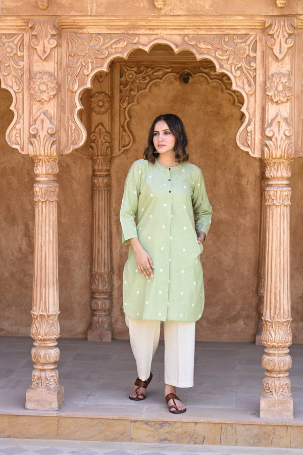 Handloom Short Kurta-Green