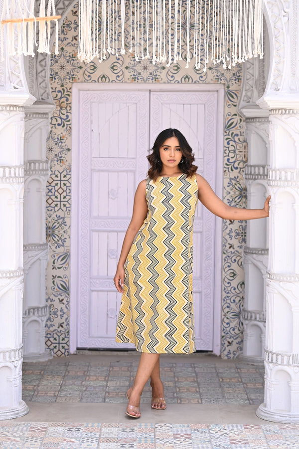 Kalamkari Cotton Dress - Cream & Mustard