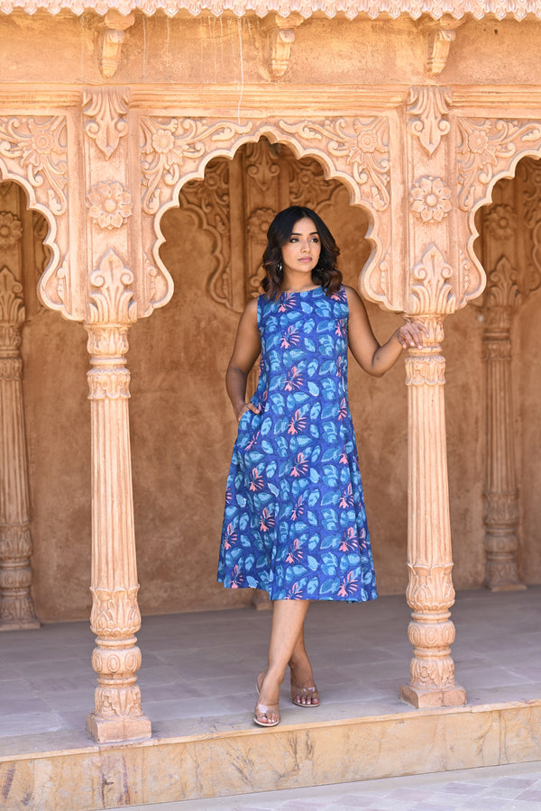 Sanganeri Cotton Dress - Blue