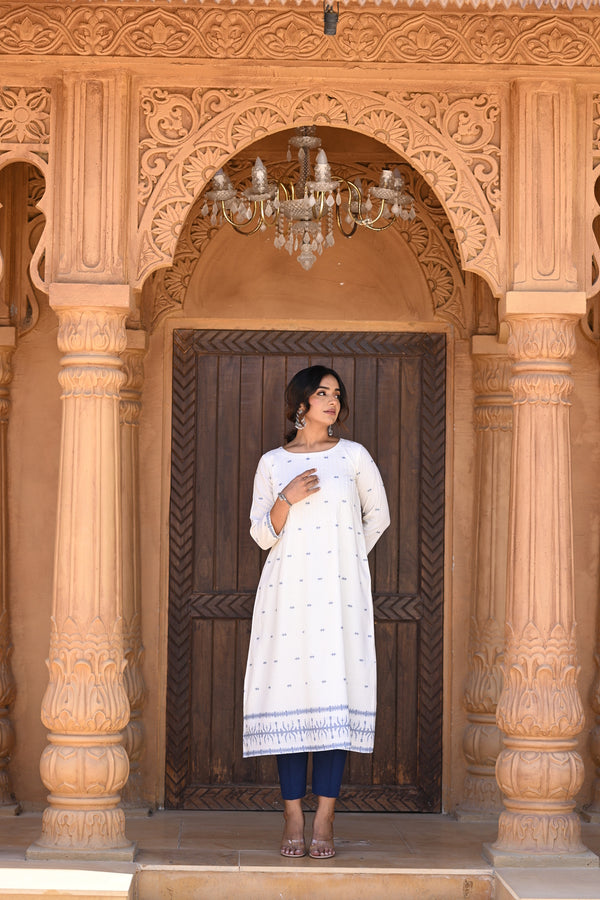 Jamdani Pintex Kurta - White & Blue