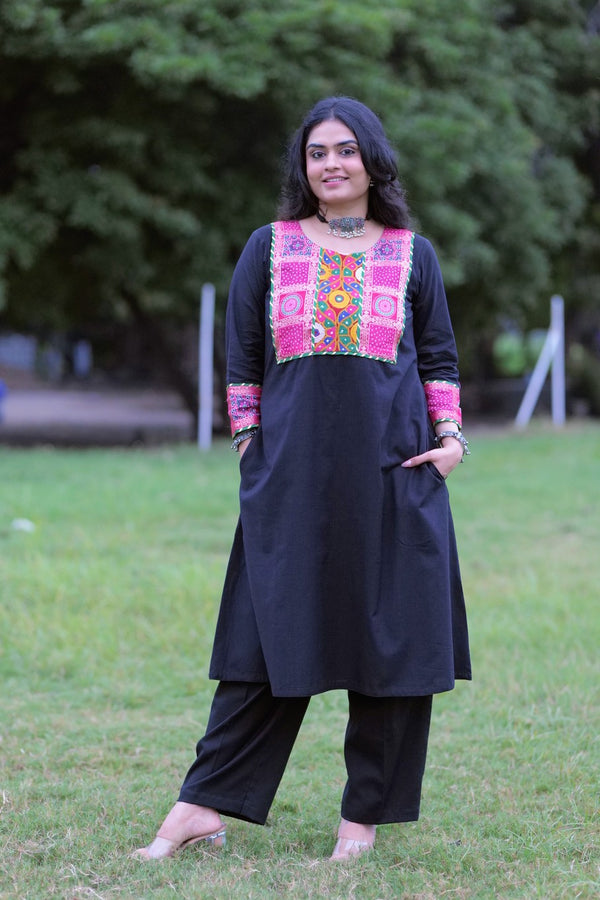 Solid Black Kurta With Kutchi Work Patch