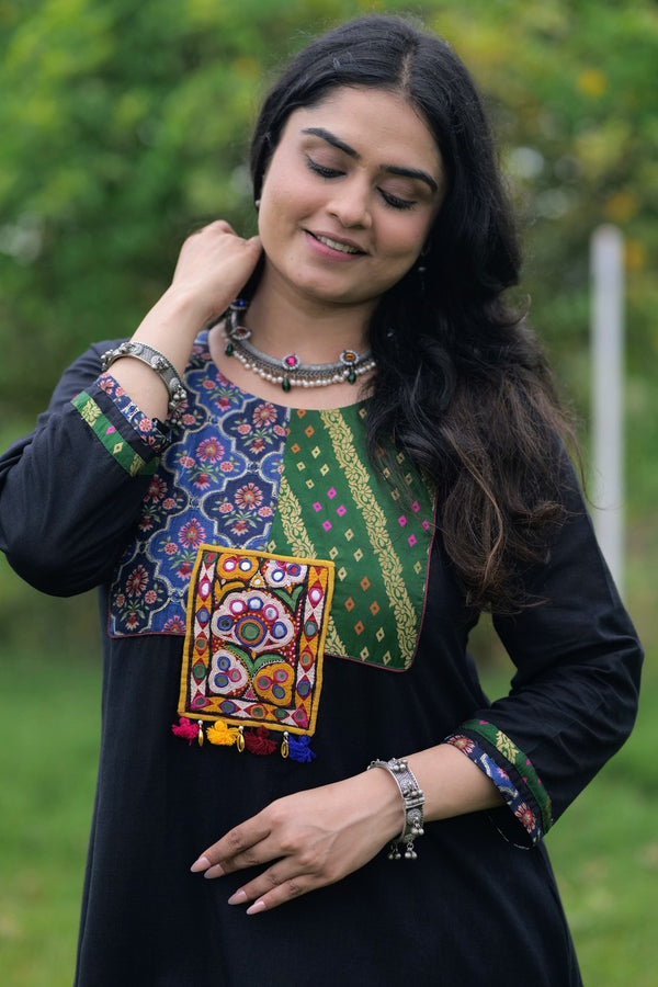 Solid Black Kurta With Square Kutchi Work  Patch