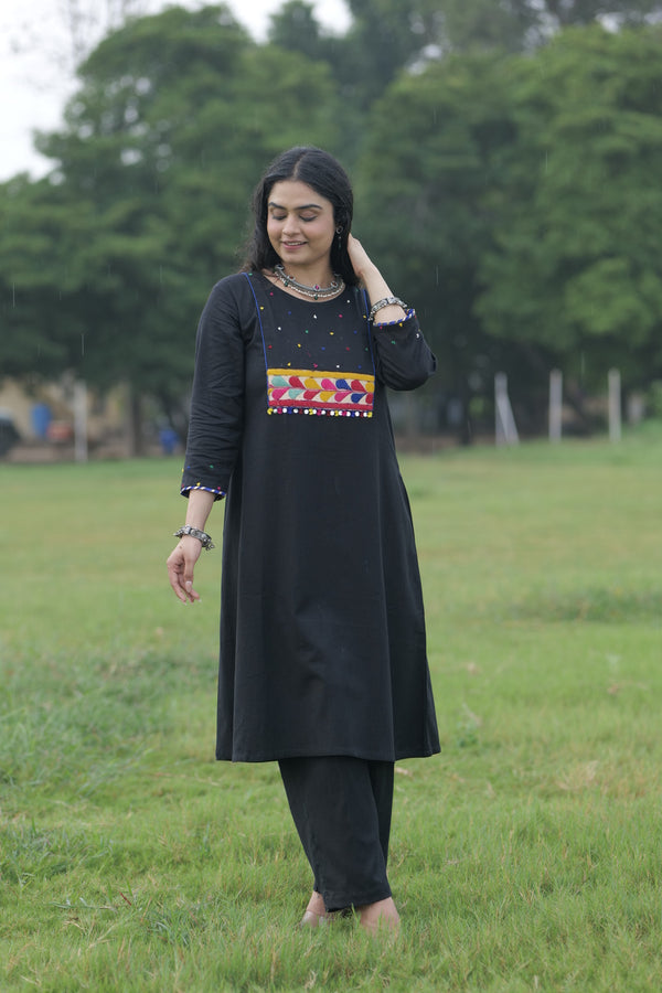 Solid Black Kurta With Knot Work And Kutchi Patch