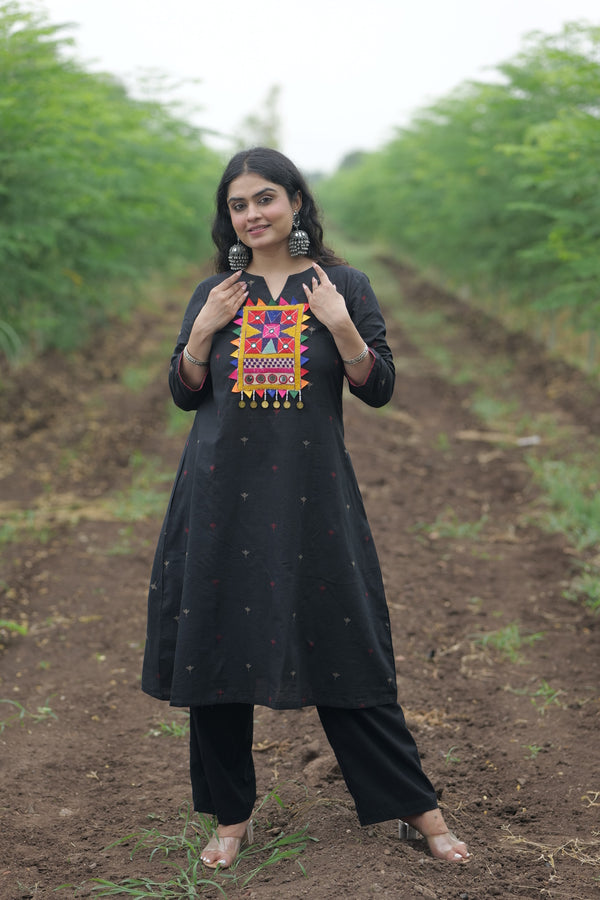 Black Flower Butti Kurta With Kutchi Work Patch