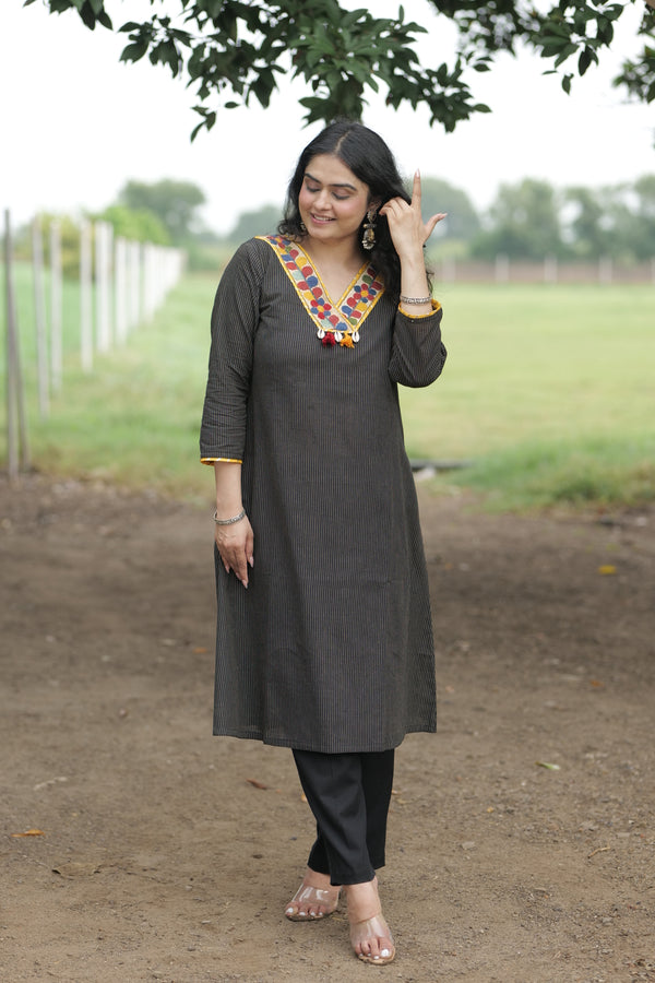 Black Lining  Kurta With Kutchi Work Patch