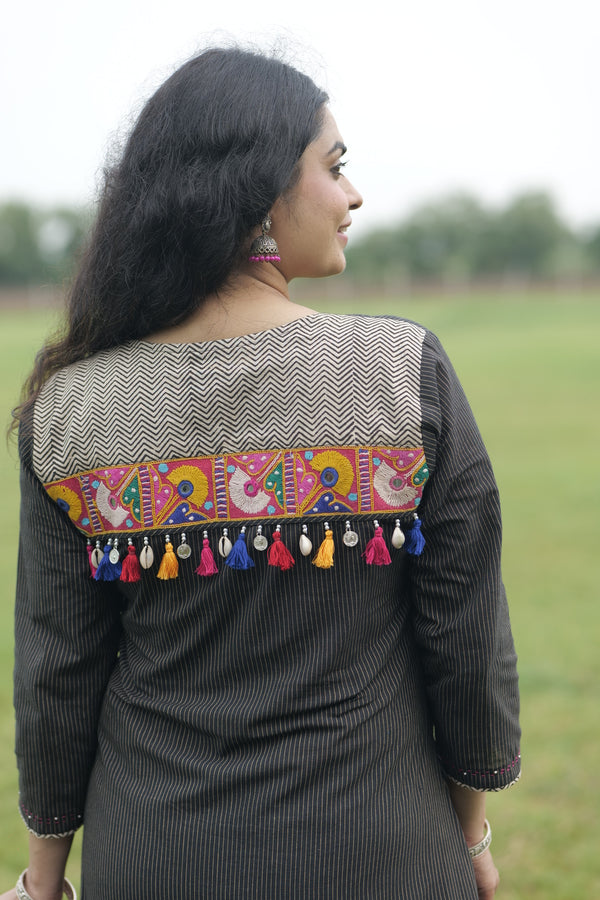 Black Lining Shirt Style Kurta With Kutchi Work Patch