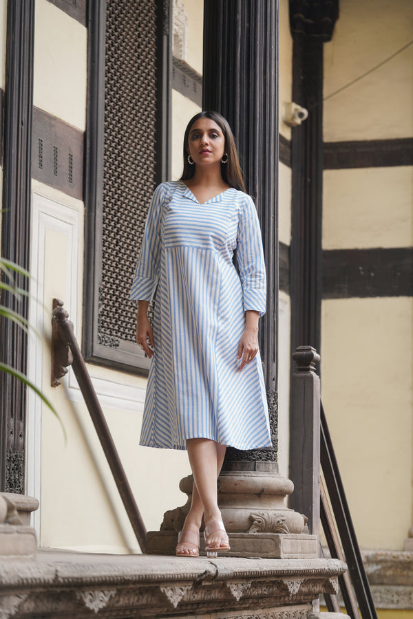 Slub Cotton Stripped Dress - Blue And White