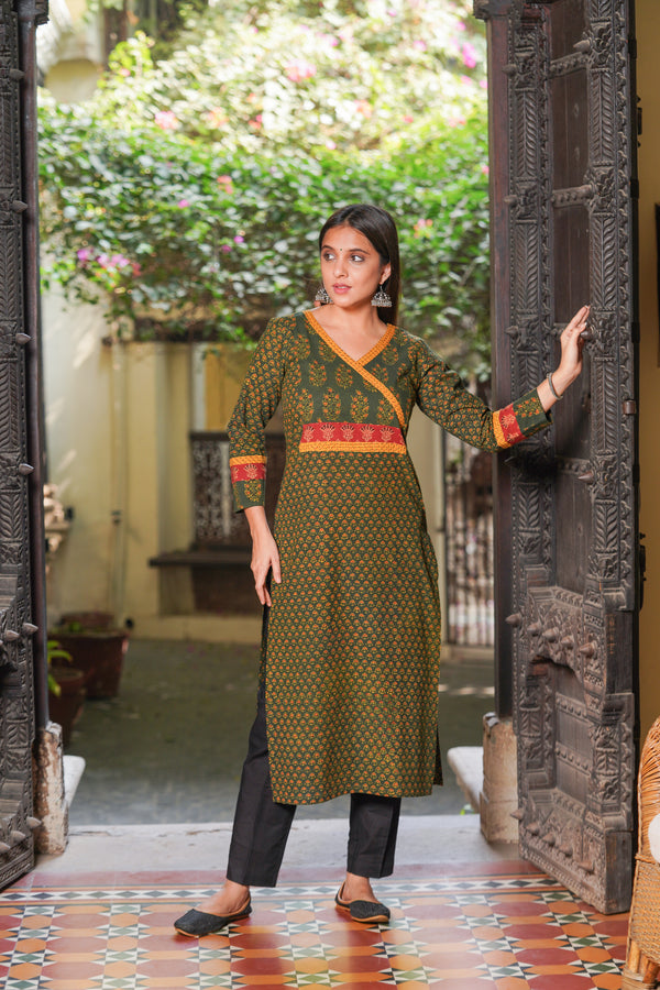 Vegetable Block Print Kurta- Green