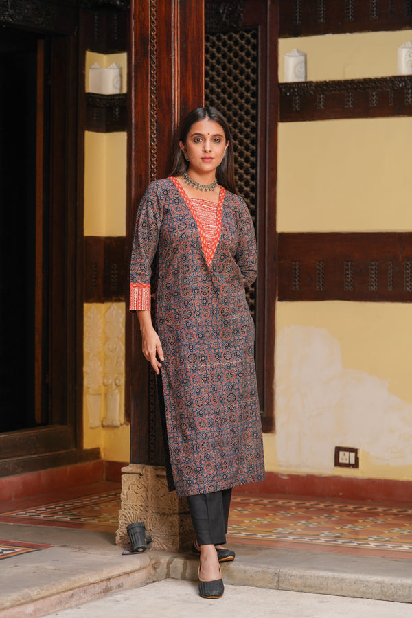 Ajrakh Kurta- Blue