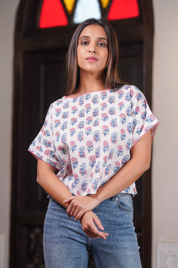 Sanganeri Cotton Crop Top- White